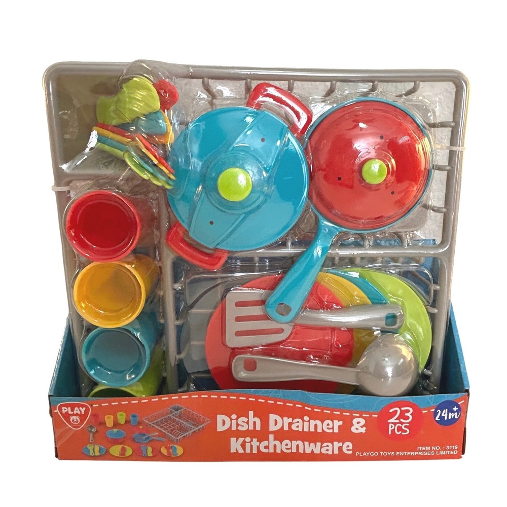 Playgo Kid's Multicolor 23pc Dish Drainer & Kitchenware Playset New in Box!